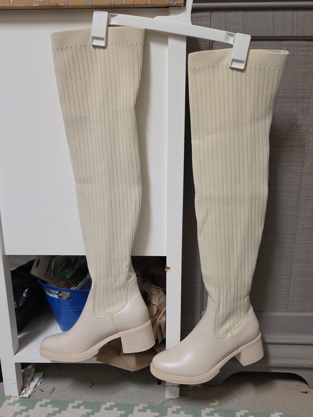 New Over-the-Knee Ribbed Stretch Boots in Cream
